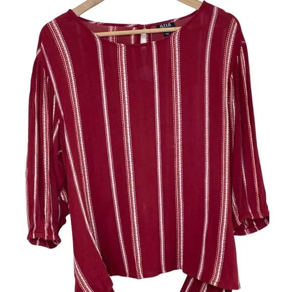 ANA | Red Striped 3/4 Elastic Sleeve Blouse with Waist Tie | Size M - Picture 3 of 10